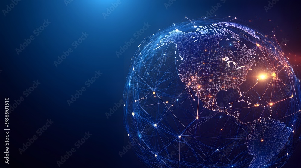 Digital world globe centered on USA, showcasing global network and connectivity, data transfer, cyber technology, information exchange, and international telecommunication. Digital world globe centered on USA, showcasing global network and connectivity, data transfer, cyber technology, information exchange, and international telecommunication.