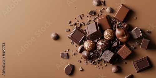 An assortment of various types of chocolates placed on a brown background, showcasing their diversity and richness.
