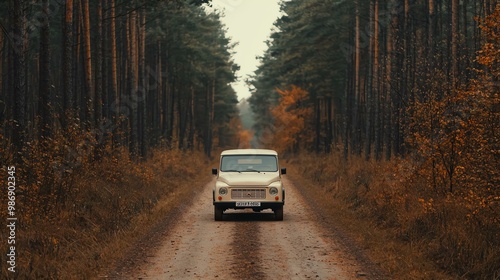 A classic white car drives down a dirt road flanked by tall trees, showcasing autumn foliage in a serene, wooded setting.