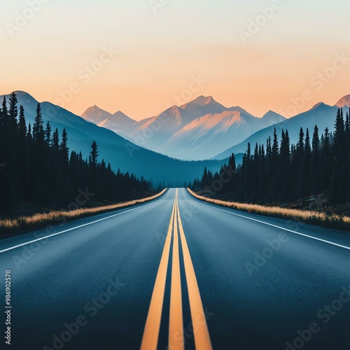 A stunning landscape featuring a wide road leading through mountains at sunset, surrounded by lush trees and soft pastel skies.