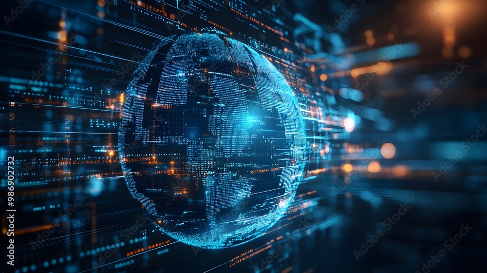 Obraz premium Digital world globe representing the concept of global network connectivity, high-speed data transfer, and cyber technology.