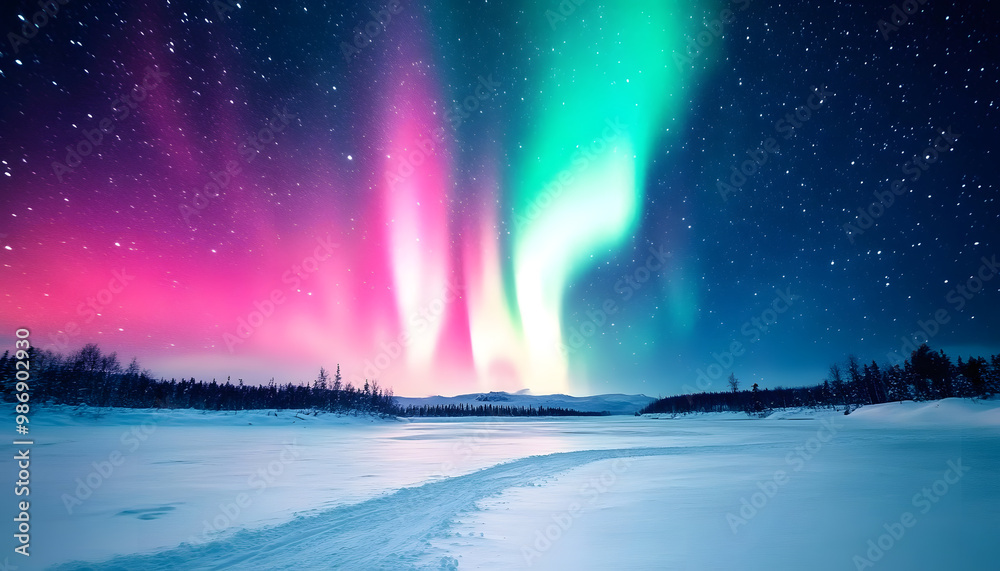 The Northern Lights illuminating the night sky with shades of green, pink, and purple over a snow-covered landscape The Northern Lights illuminating the night sky with shades of green, pink, and purple over a snow-covered landscape