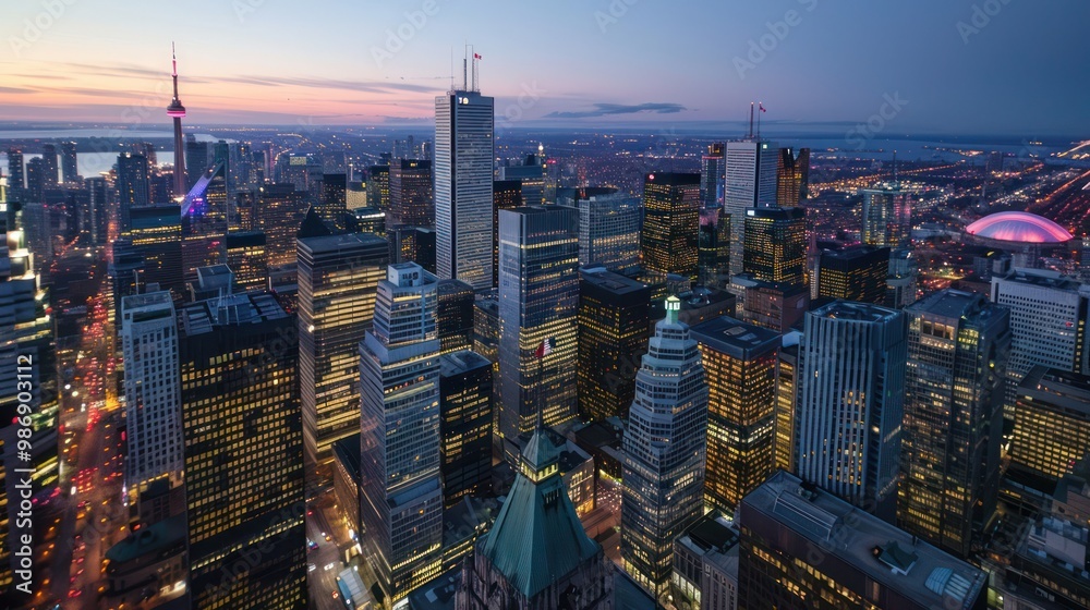 A bustling city skyline illuminated by the warm, fading light of dusk, with buildings and skyscrapers casting long shadows and streetlights beginning to glow A bustling city skyline illuminated by the warm, fading light of dusk, with buildings and skyscrapers casting long shadows and streetlights beginning to glow