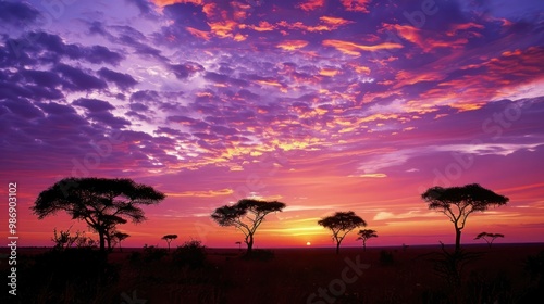 A breathtaking savanna landscape at sunset, with acacia trees silhouetted against a vibrant sky.