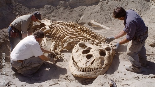 Dinosaur skeleton excavation at a site, with fossilized bones partially exposed against the earth. photo