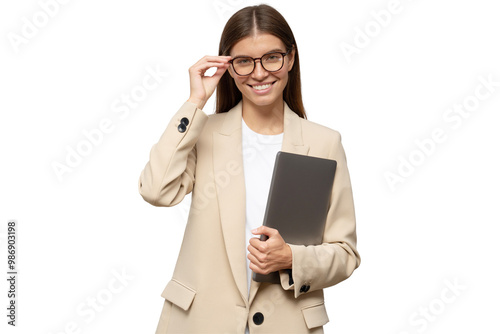 Portrait of woman career consultant holding closed laptop in hands