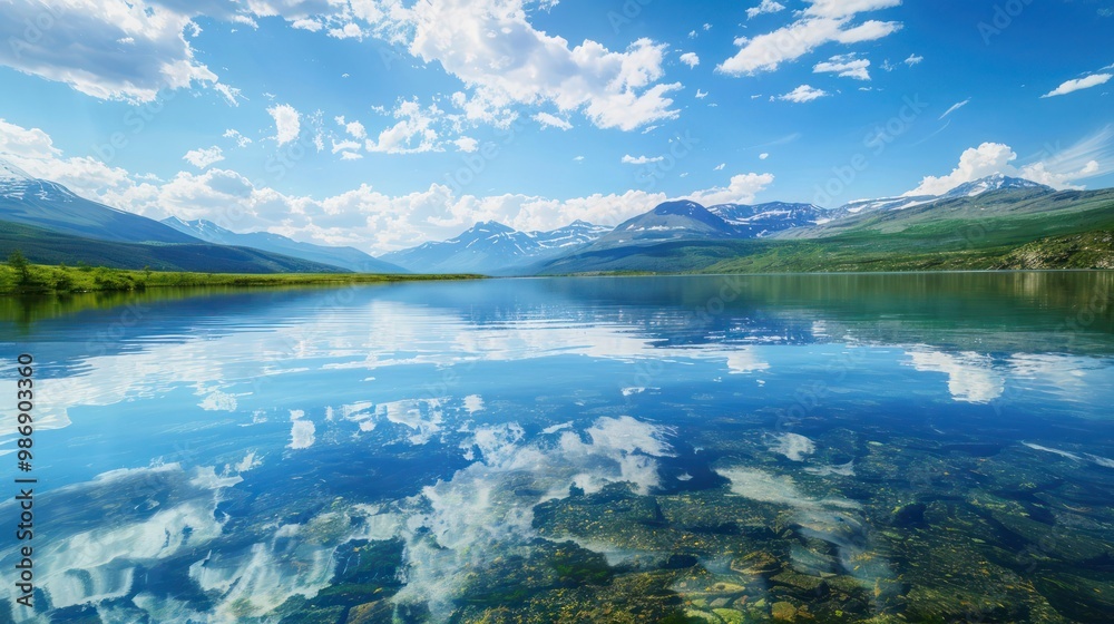 A clear, pristine lake with a mirrored reflection of the surrounding landscape, perfect for a tranquil background. A clear, pristine lake with a mirrored reflection of the surrounding landscape, perfect for a tranquil background.