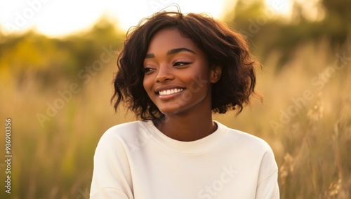 attractive black woman model wearing white long sleeve sweatshirt mockup on natural landscape background