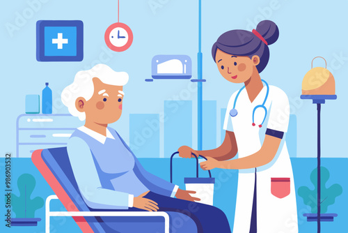 A nurse taking care of an elderly woman colorful vector illustration