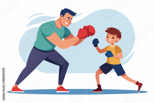 a father teaching his son boxing techniques colorful vector illustration