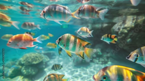 A colorful school of tropical fish swimming together in clear blue water, with coral reefs in the background.