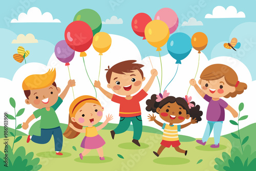 kids playing with colorful balloons outdoors colorful vector illustration