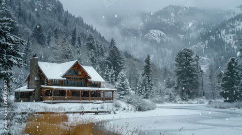 A cozy mountain cabin with a mix of rain and snow falling, creating a picturesque winter scene.