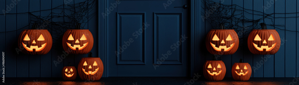 Spooky Halloween pumpkins with carved faces glowing in the dark, placed by a door with spider webs for a festive atmosphere. Spooky Halloween pumpkins with carved faces glowing in the dark, placed by a door with spider webs for a festive atmosphere.