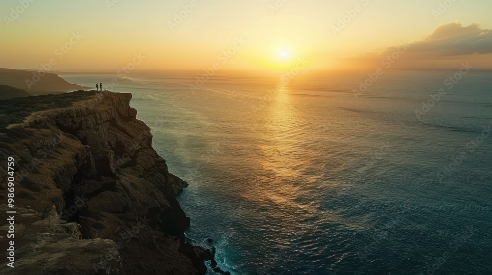 A dramatic cliffside overlooking the ocean, with a couple enjoying the view and the sun setting in the distance, casting a beautiful glow.