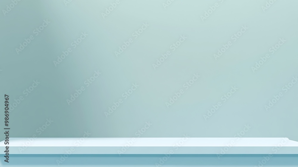 Empty white shelf against a light blue wall with a shadow. Empty white shelf against a light blue wall with a shadow.