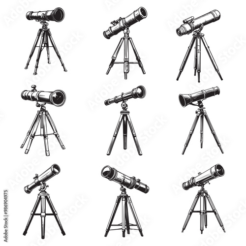 Telescope icon hand drawn vector design illustration, Telescope black silhouette illustration isolated on a white background