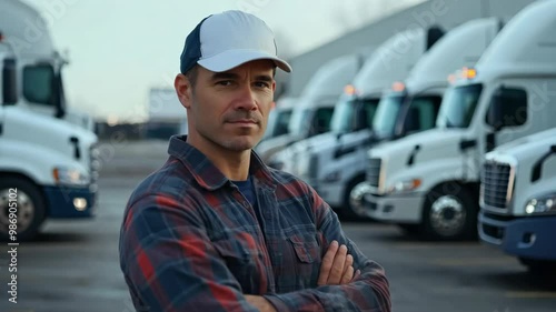 A confident truck driver stands in front of parked semi-trucks, showcasing a professional attitude in a logistics yard.