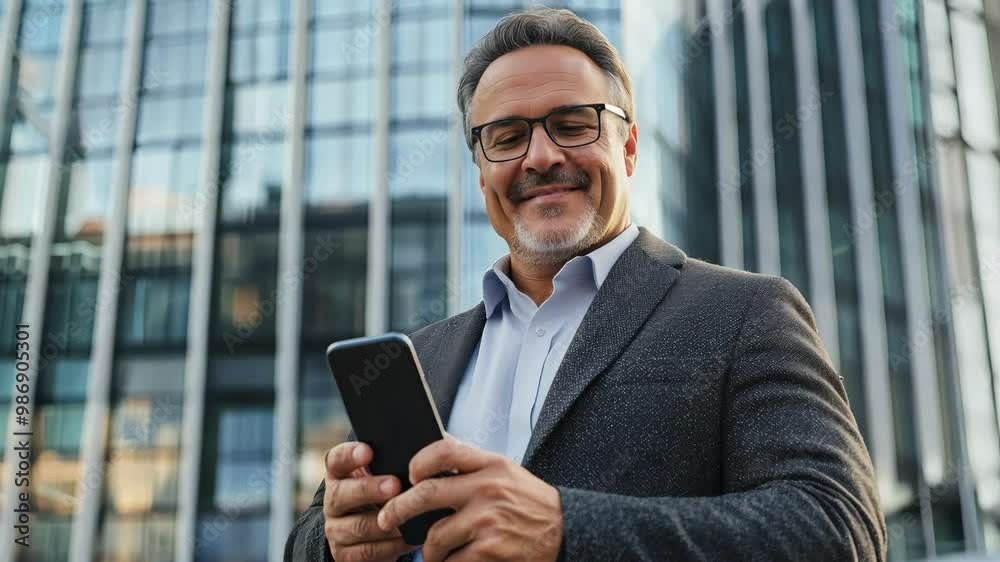 Professional man with glasses stands confidently outdoors, holding a smartphone, against a backdrop of modern glass buildings. Professional man with glasses stands confidently outdoors, holding a smartphone, against a backdrop of modern glass buildings.