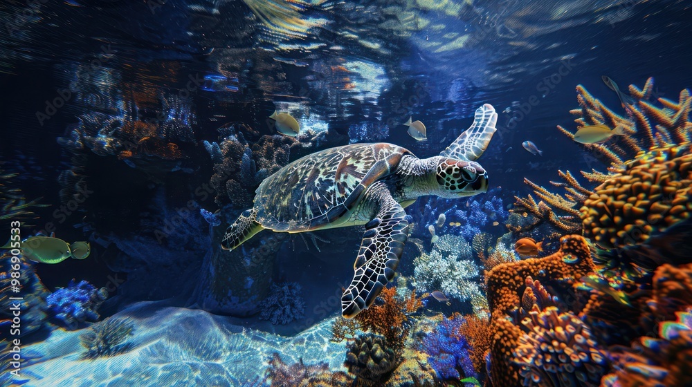 Fototapeta premium A graceful sea turtle gliding through the ocean, surrounded by vibrant coral and other marine life.