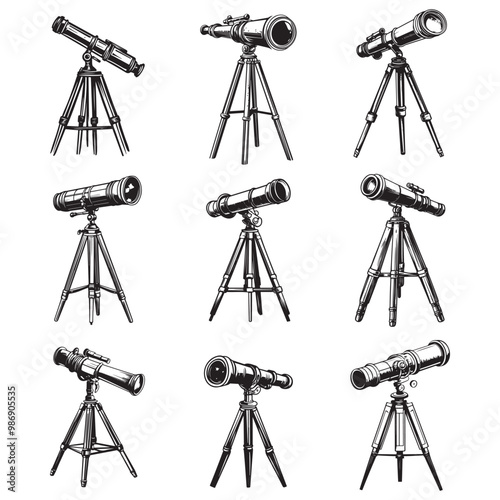 Telescope icon hand drawn vector design illustration, Telescope black silhouette illustration isolated on a white background