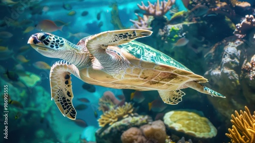 A graceful sea turtle gliding through the ocean, surrounded by vibrant coral and other marine life.