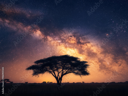 Milky Way galaxy over the African savanna with an acacia tree