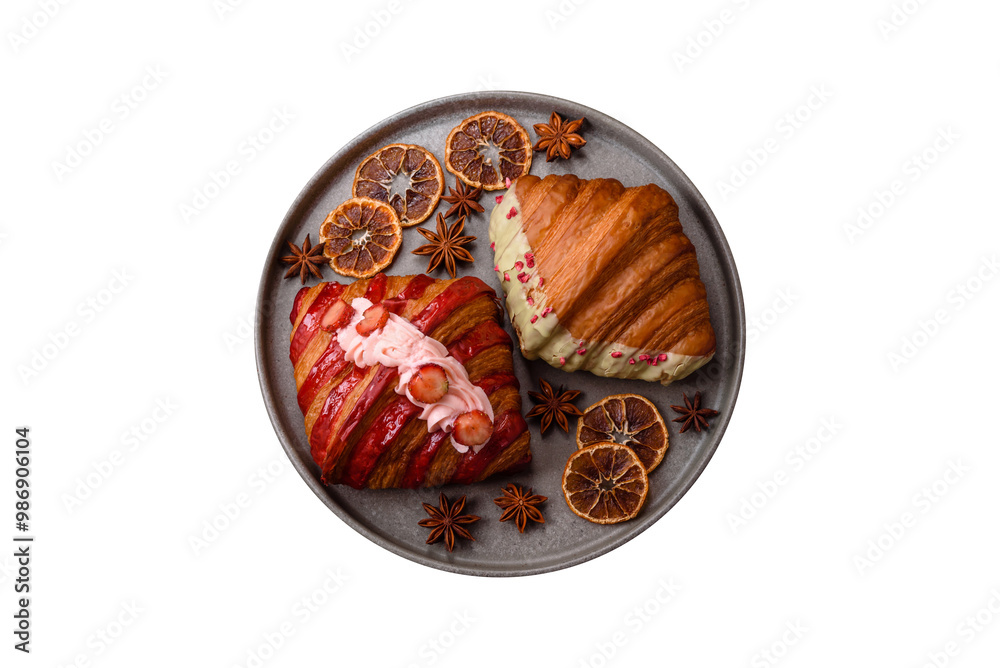 Fototapeta premium Crispy sweet red croissant with pistachio, raspberry and strawberry