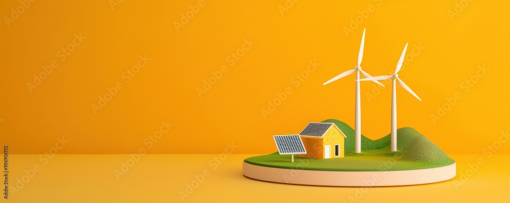 A miniature model featuring a yellow house, wind turbines, and solar panels on a vibrant yellow background, symbolizing renewable energy and sustainability, Eco and sustainable concept. A miniature model featuring a yellow house, wind turbines, and solar panels on a vibrant yellow background, symbolizing renewable energy and sustainability, Eco and sustainable concept.