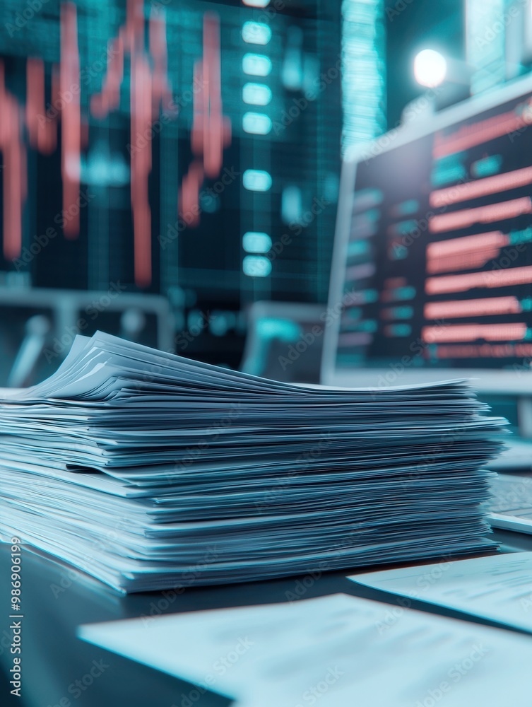 A stack of documents on a modern desk with graphs in the background, symbolizing data analysis and financial reporting. A stack of documents on a modern desk with graphs in the background, symbolizing data analysis and financial reporting.