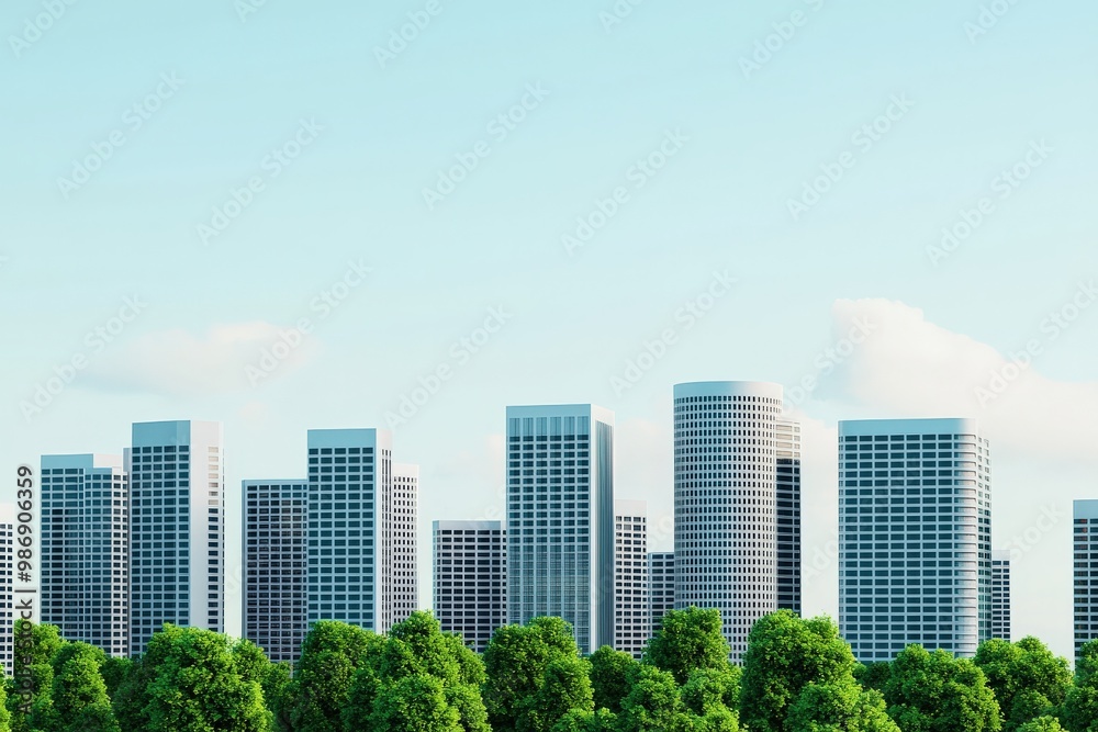 Fototapeta premium A modern city skyline featuring tall buildings and greenery at the base under a clear blue sky, Eco and sustainable concept.