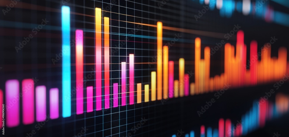 Colorful data visualization with vibrant bars representing statistical metrics on a dark background, ideal for analytical contexts. Colorful data visualization with vibrant bars representing statistical metrics on a dark background, ideal for analytical contexts.
