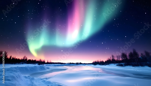 Wallpaper Mural The Northern Lights illuminating the night sky with shades of green, pink, and purple over a snow-covered landscape Torontodigital.ca