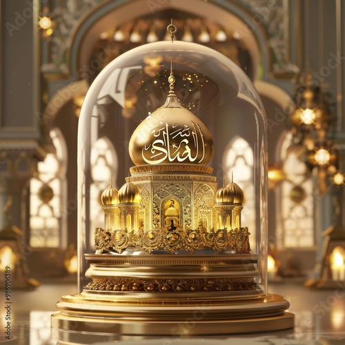 eautiful Ramadan banner, designed with golden mosque set in glass bell and exquisite 3d illustration. happy holiday