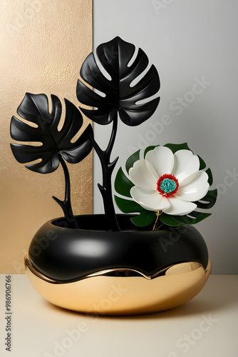 Elegant Vase with Gold Branches and Black Leaves - Wall Art for Home Decor