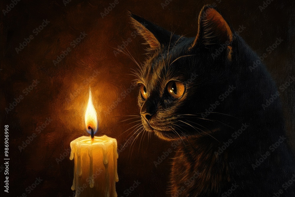 Black Cat Gazing at a Lit Candle in a Dark Room