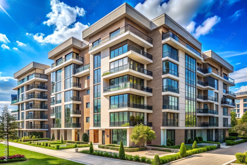 A large apartment building with a lot of windows and a green courtyard A large apartment building with a lot of windows and a green courtyard