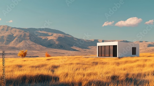 Wallpaper Mural A minimalist house stands in a vast golden field under a clear blue sky, surrounded by mountains in the distance, Eco and sustainable concept. Torontodigital.ca