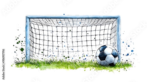 A watercolor soccer ball sails into the goal, framed by fresh green grass.