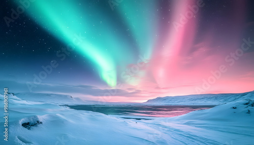 The Northern Lights illuminating the night sky with shades of green, pink, and purple over a snow-covered landscape