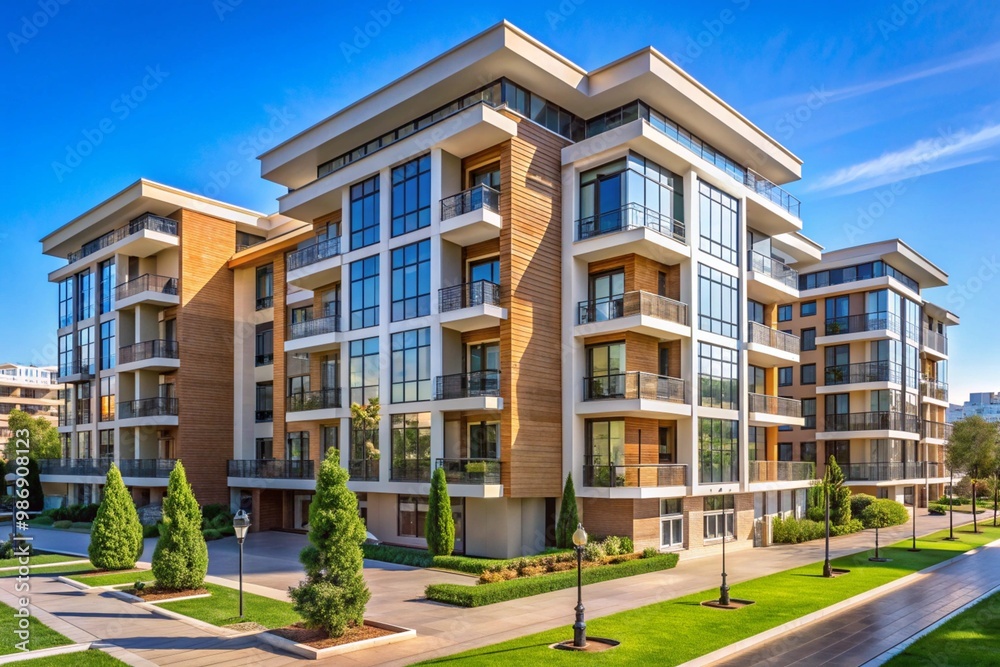 A large apartment building with a lot of windows and a green courtyard A large apartment building with a lot of windows and a green courtyard