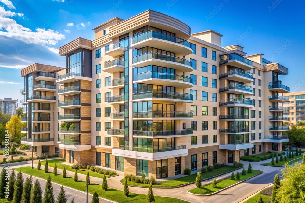 A large apartment building with a lot of windows and a green courtyard A large apartment building with a lot of windows and a green courtyard