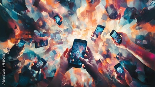 A mesmerizing screen on a mobile phone held in human hands. lots of likes on social media. popularity and addiction to the internet. Collage art of the present day. imaginative design. 