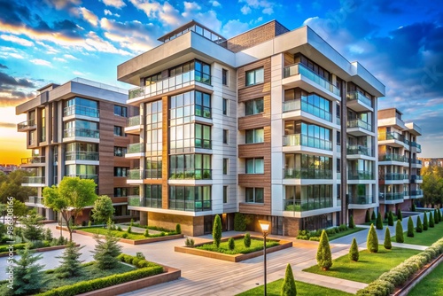 A large apartment building with a lot of windows and a green courtyard