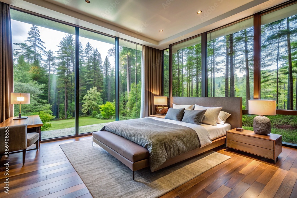 A bedroom with a large bed and a wooden floor A bedroom with a large bed and a wooden floor