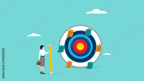 business target plan, timeline or stages of procedures for carrying out tasks, task scheduling strategy, daily agenda or journal, businessman attaching plan paper to the archery target board