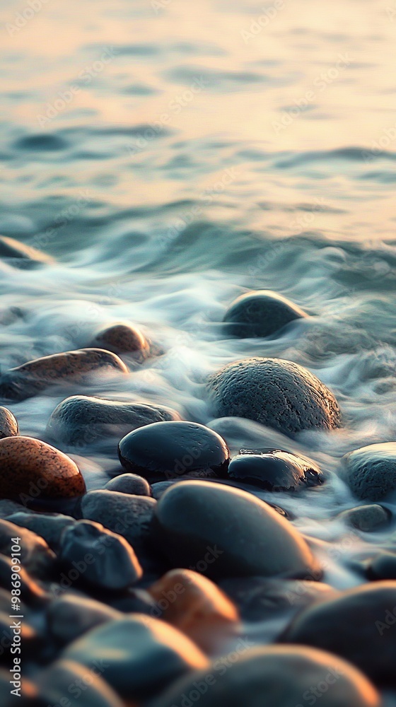 Obraz premium Smooth, wet stones on a beach with soft waves washing over them at sunrise.