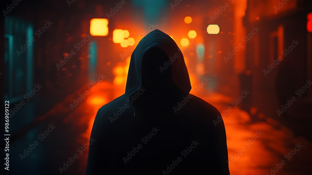 Mysterious Figure in Neon Street Lights Mysterious Figure in Neon Street Lights