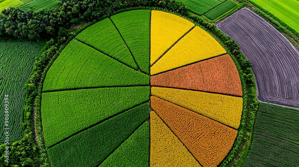 Fototapeta premium From above, colorful agricultural fields create a mesmerizing pie-shaped mosaic.