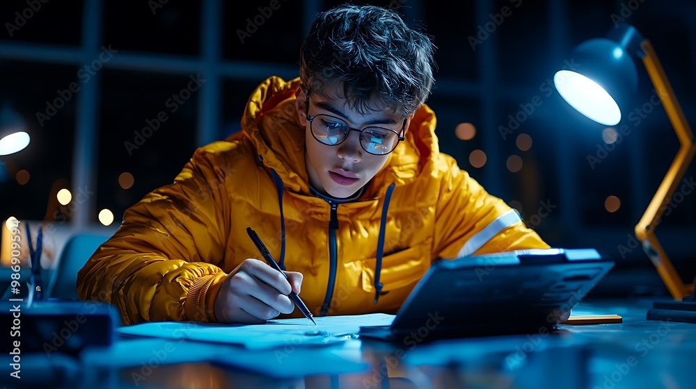 A young man studies late into the night, his desk lamp casting a soft glow. A young man studies late into the night, his desk lamp casting a soft glow.